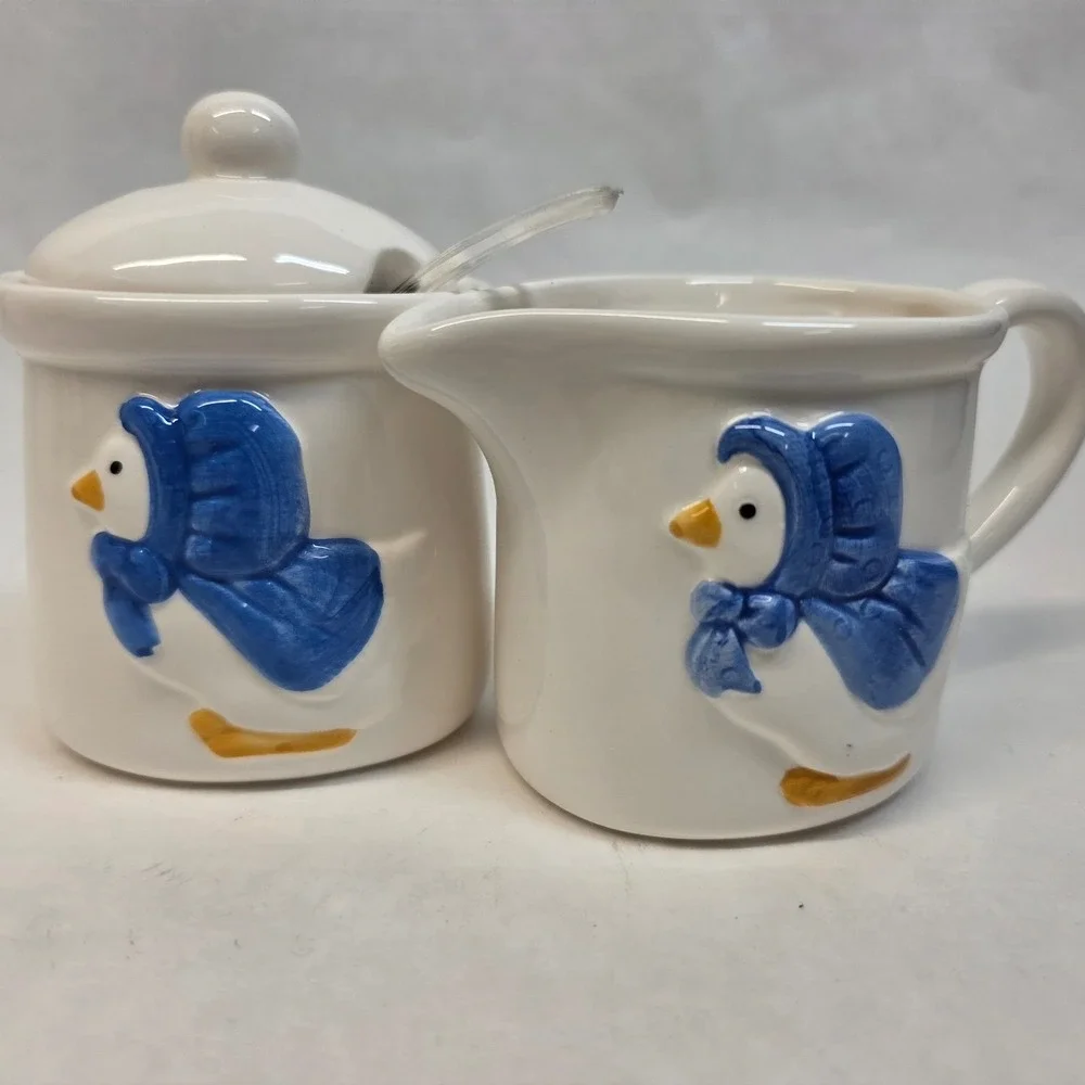 Vintage Chickadees Ceramic Sugar and Creamer Set White Geese Blue Bonnet